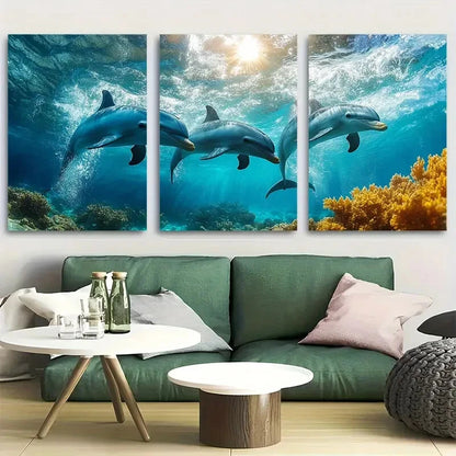 3pcs Nautical & Tropical Hawaiian Dolphins Design Metal Print Ready to Hang Art