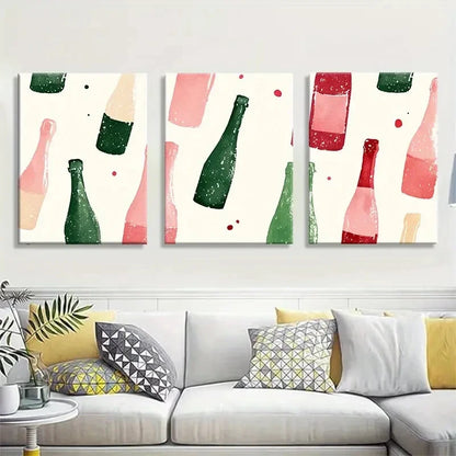 3pcs Modern Bottle Retro Wine & Champagne Theme Metal Print Ready to Hang Art