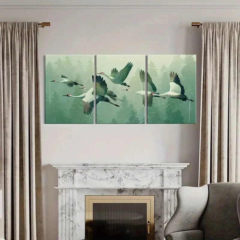 3pcs Elegant Crane Flight in Forest Asian Metal Print Ready to Hang Art