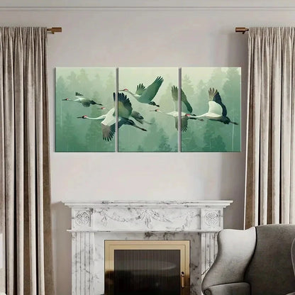 3pcs Elegant Crane Flight in Forest Asian Metal Print Ready to Hang Art