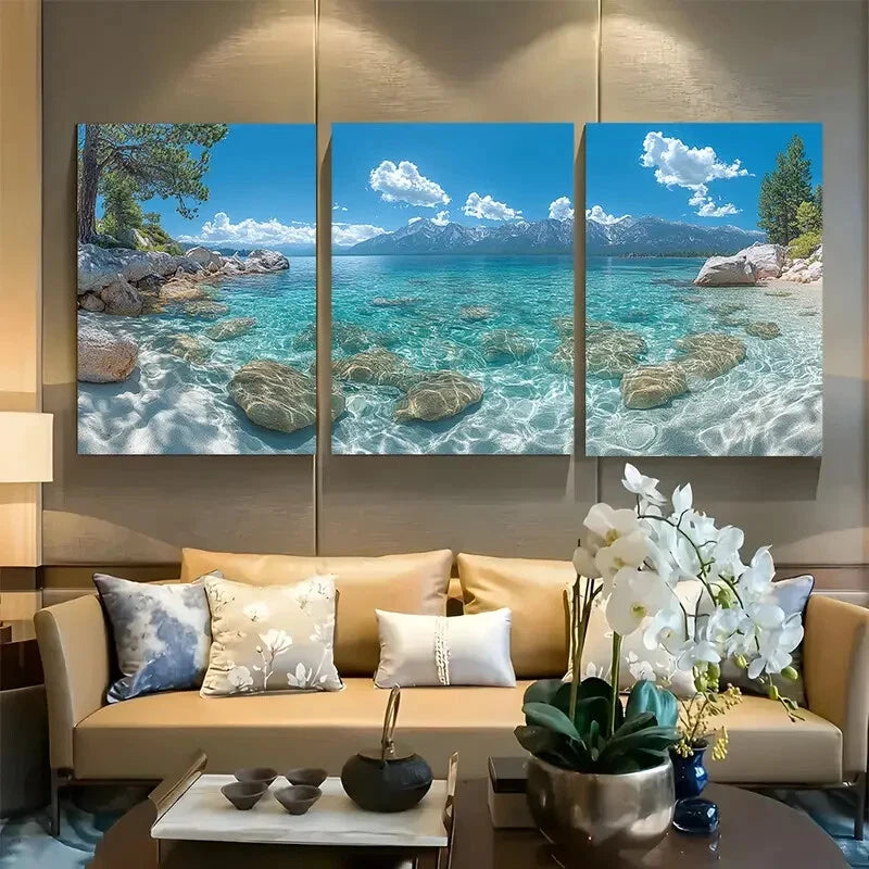 3pcs Serenity in Lake Tahoe Crystal Clear Waters Metal Print Ready to Hang Art