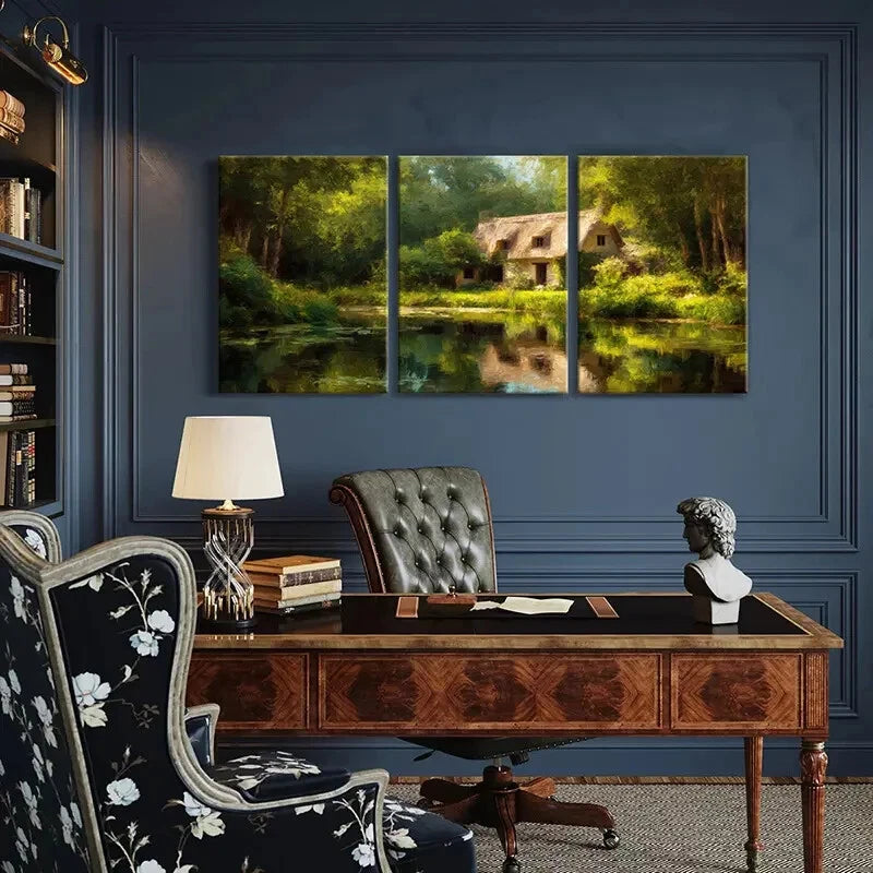 3pcs Thatched Roof Lush Greenery Serene Lake Metal Print Ready to Hang Art