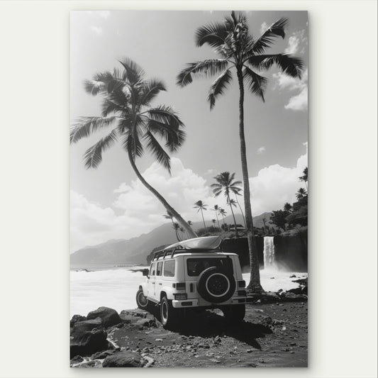 Black and White Tropical Off Road Vehicle 40x60cm Metal Print Ready to Hang