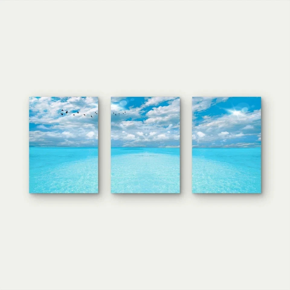 3pcs Tranquil Blue Waters Under Clouds Wall Art Set Canvas Framed 60x90cm - High Quality Print 100% Australian Made Wall Canvas Ready to Hang