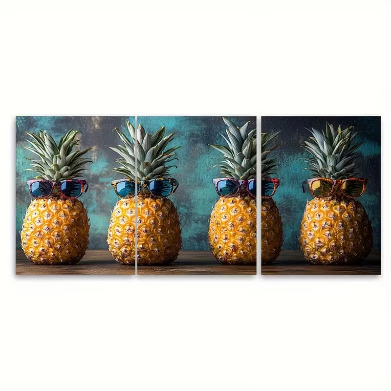 3pcs Funny Pineapples in Glasses Metal Print Ready to Hang Art