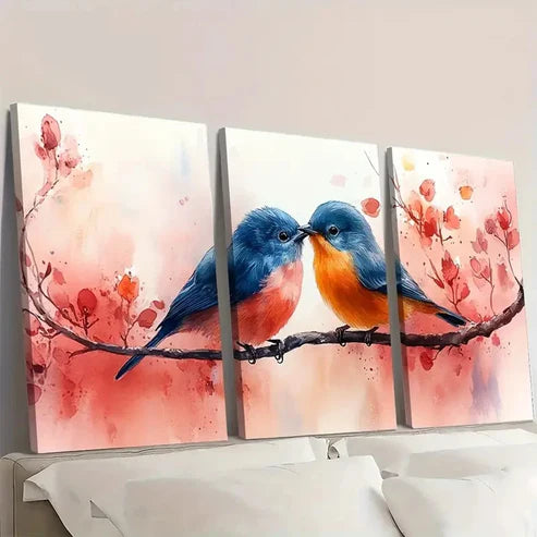 3pcs Two Kissing Birds on a Branch TB Wall Art Set Canvas Unframed - High Quality Print 100% Australian Made Wall Canvas