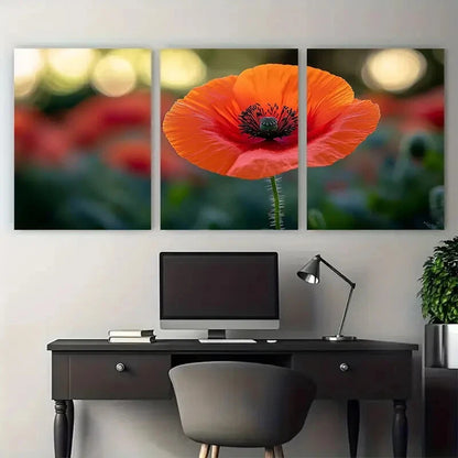 3pcs Vibrant Red Orange Poppy Summer Botanical Metal Print Ready to Hang Art