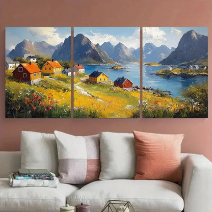 3pcs Lofoten Islands with Rustic Houses Design Metal Print Ready to Hang Art