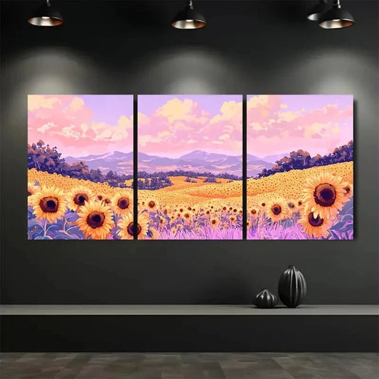 3pcs Summer Sunflower Fields Lilac & Pastel Metal Print Ready to Hang Art
