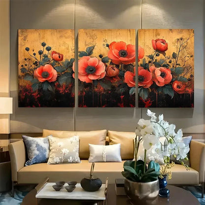 3pcs Floral Illustration with Surreal & Red Accent Metal Print Ready to Hang Art