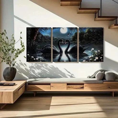 3pcs Black Swan Moonlit Night Serene Lake Wall Art Set Canvas Unframed - High Quality Print 100% Australian Made Wall Canvas
