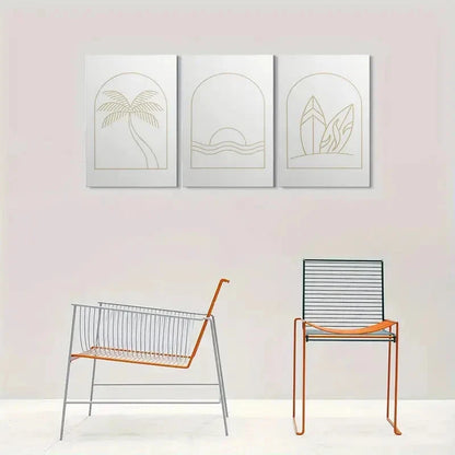 3pcs Golden Lines on White Coastal Palm Tree Metal Print Ready to Hang Art