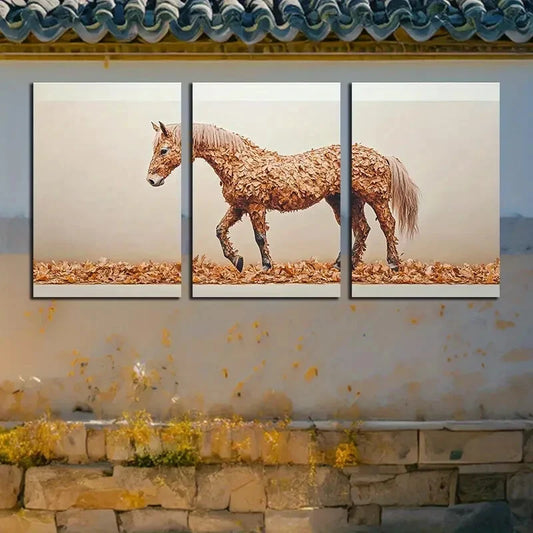 3pcs Autumn Leaf Horse Rustic Design Metal Print Ready to Hang Art