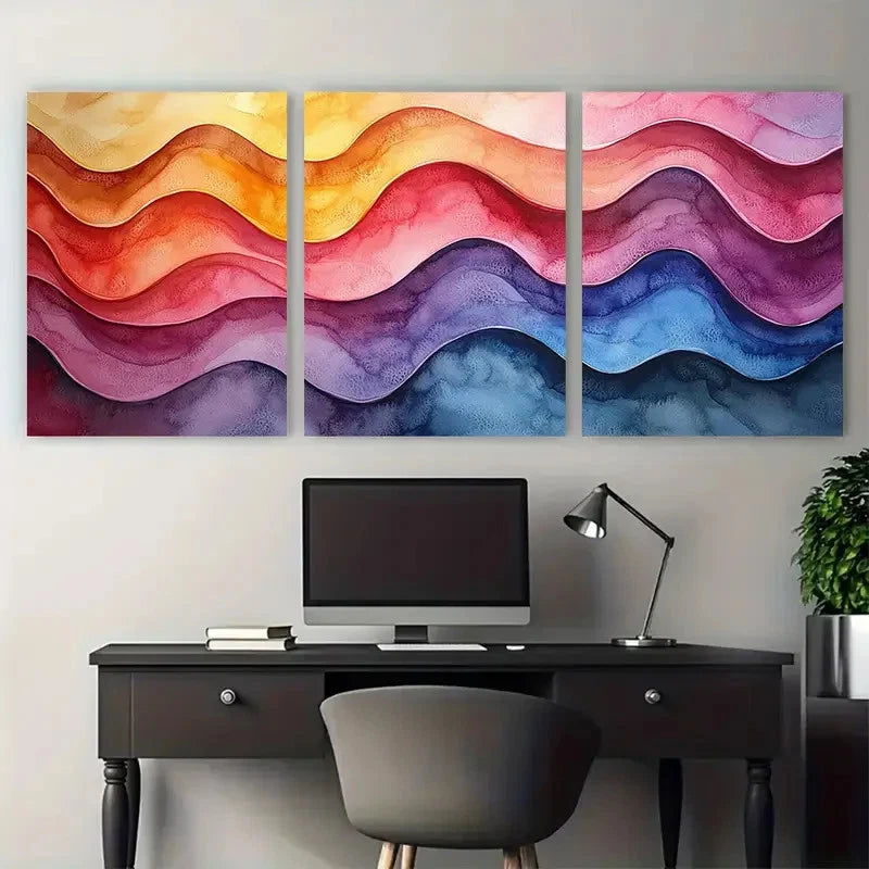 3pcs Bright Watercolour Wavy Lines Abstract Metal Print Ready to Hang Art