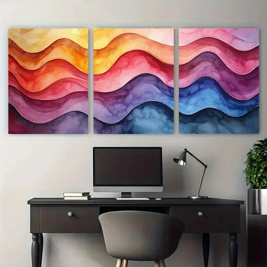 3pcs Bright Watercolour Wavy Lines Abstract Metal Print Ready to Hang Art