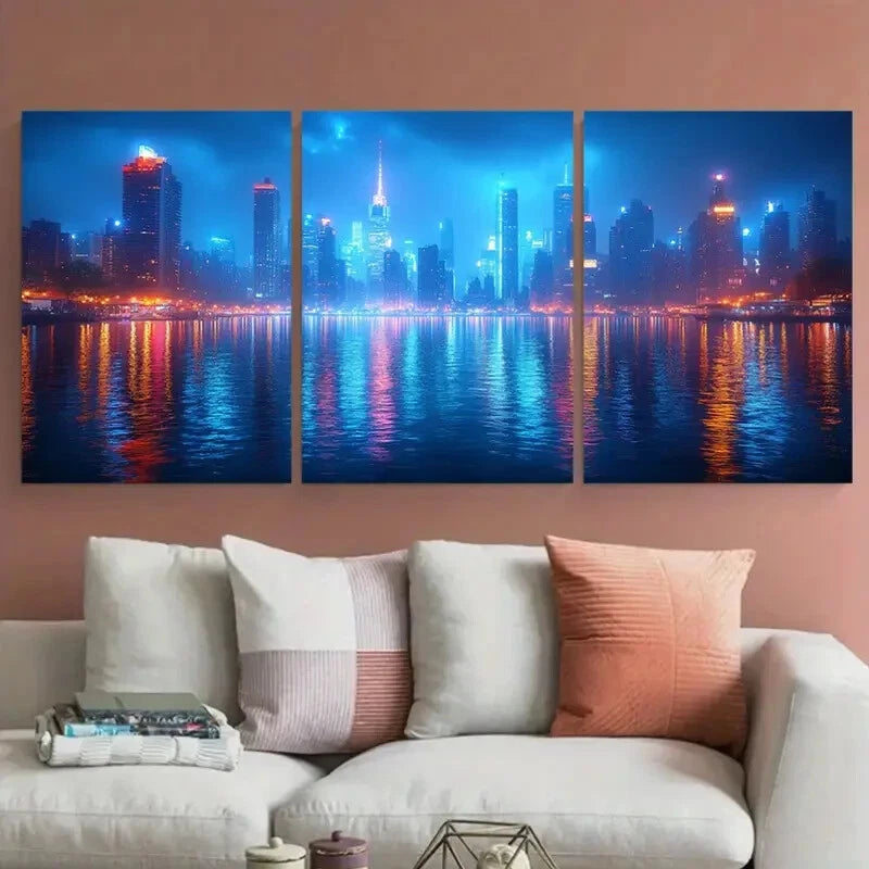 3pcs Illuminated Urban Skyline Night Cityscape Metal Print Ready to Hang Art