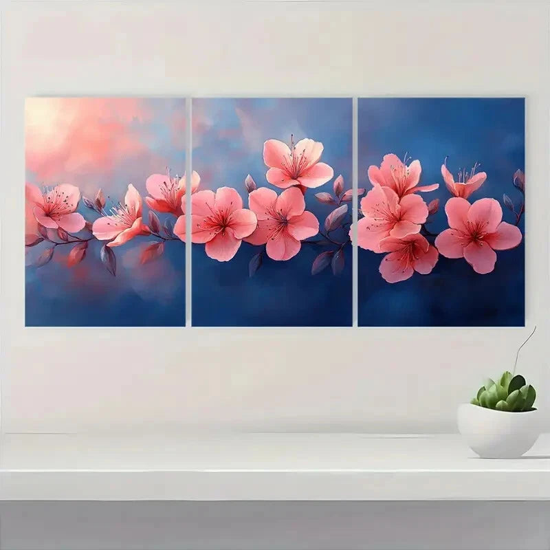 3pcs Delicate Pink Flowers and Green Leaves Metal Print Ready to Hang Art