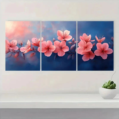 3pcs Delicate Pink Flowers and Green Leaves Metal Print Ready to Hang Art