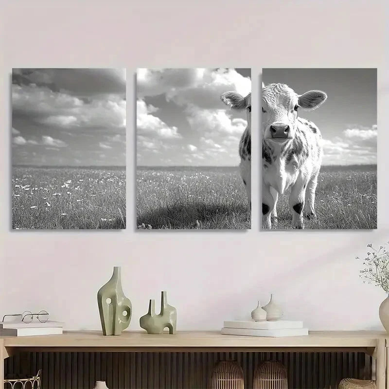 3pcs Black and White Country Style Cow Metal Print Ready to Hang Art