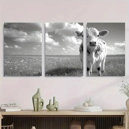 3pcs Black and White Country Style Cow Metal Print Ready to Hang Art