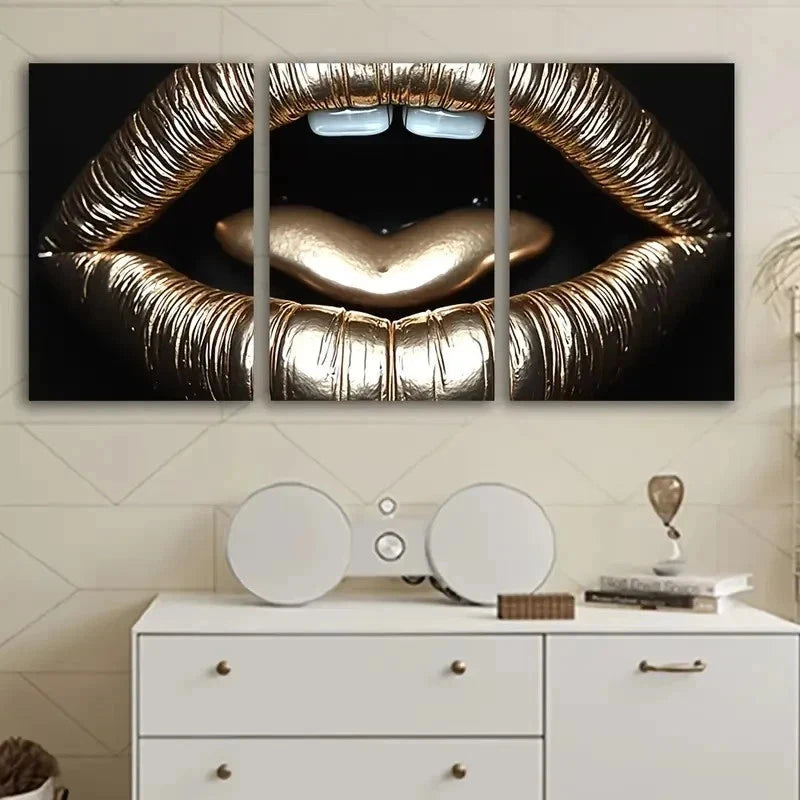 3pcs Golden Lips And Heart Design Metal Print Ready to Hang Art