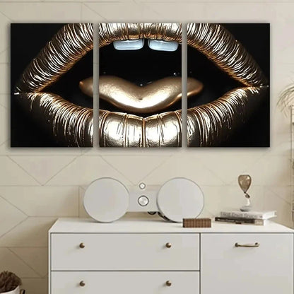 3pcs Golden Lips And Heart Design Metal Print Ready to Hang Art