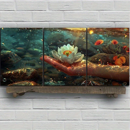 3pcs Flower on Palm Nature Contemporary Metal Print Ready to Hang Art