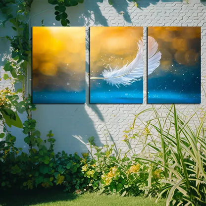 3pcs White Feather in vibrant Background Metal Print Ready to Hang Art