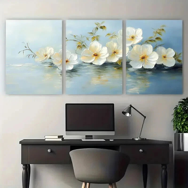 3pcs Elegant White Flowers Blossoms by the Water Metal Print Ready to Hang Art