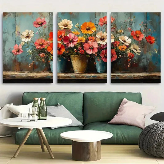 3pcs Vibrant Potted Flowers Cottagecore Garden Metal Print Ready to Hang Art