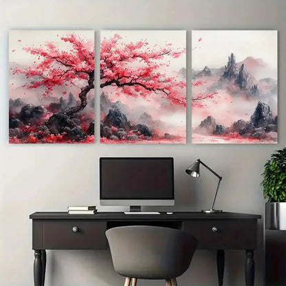 3pcs Elegant Sakura Blossom Watercolor Abstract Metal Print Ready to Hang Art