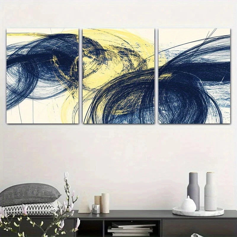3pcs Blue & Yellow Abstract Black & White Design Metal Print Ready to Hang Art
