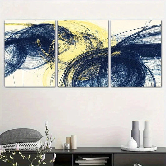 3pcs Blue & Yellow Abstract Black & White Design Metal Print Ready to Hang Art