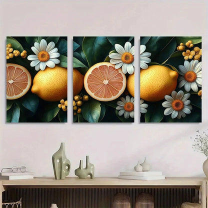3pcs Vintage Lemons And Daisies Metal Print Ready to Hang Art