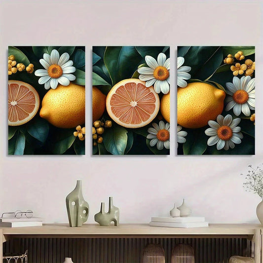 3pcs Vintage Lemons And Daisies Metal Print Ready to Hang Art