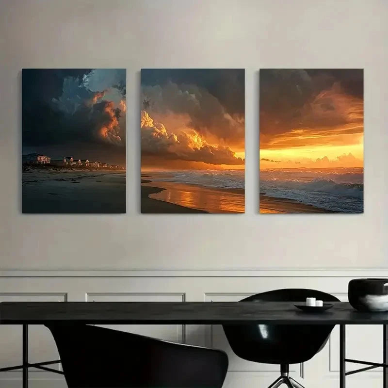 3pcs Dramatic Ocean Sunset with Storm Clouds Metal Print Ready to Hang Art