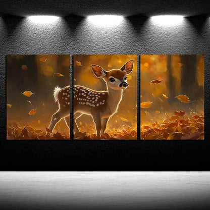 3pcs Beautiful Deer with Dry Leaves Design Metal Print Ready to Hang Art