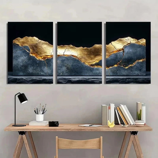 3pcs Cracked Golden Metallic Sheen on Black Wall Art Set Canvas Framed 40x60cm - High Quality Print 100% Australian Made Wall Canvas Ready to Hang