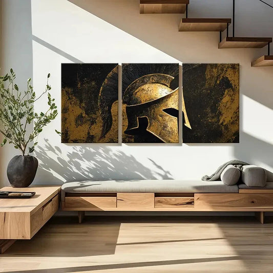 3pcs Ancient Greek Helmet Art Golden Warrior Metal Print Ready to Hang Art