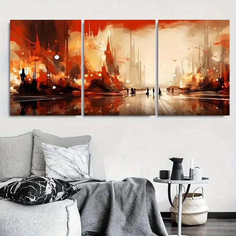 3pcs Dynamic Red Orange SciFi City Metal Print Ready to Hang Art