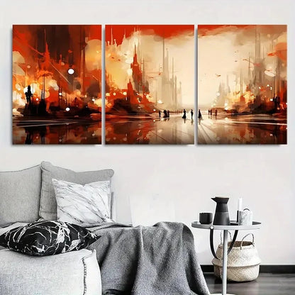 3pcs Dynamic Red Orange SciFi City Metal Print Ready to Hang Art