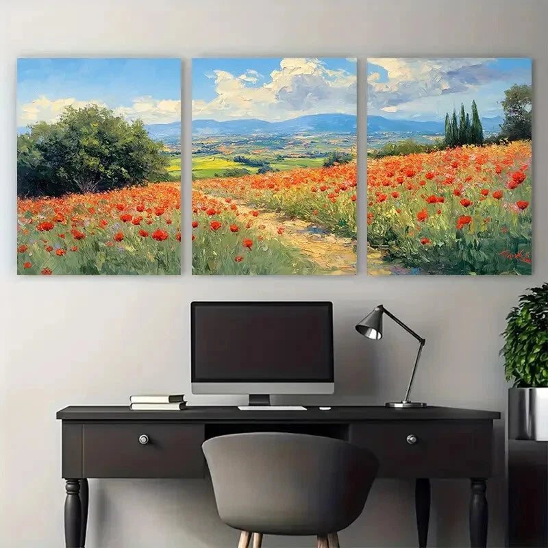 3pcs Tuscany Italy Countryside Poppy Fields Metal Print Ready to Hang Art