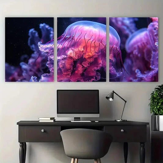 3pcs Purple Pink Jellyfish Macro Photography Metal Print Ready to Hang Art