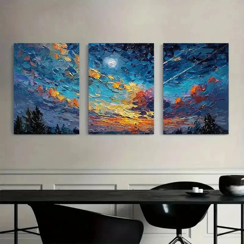 3pcs Night Sky with Shooting Stars Oil Painting Metal Print Ready to Hang Art