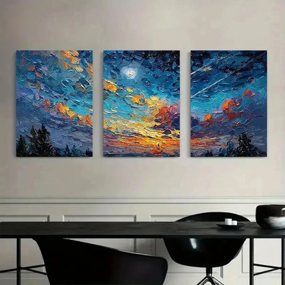 3pcs Night Sky with Shooting Stars Oil Painting Metal Print Ready to Hang Art