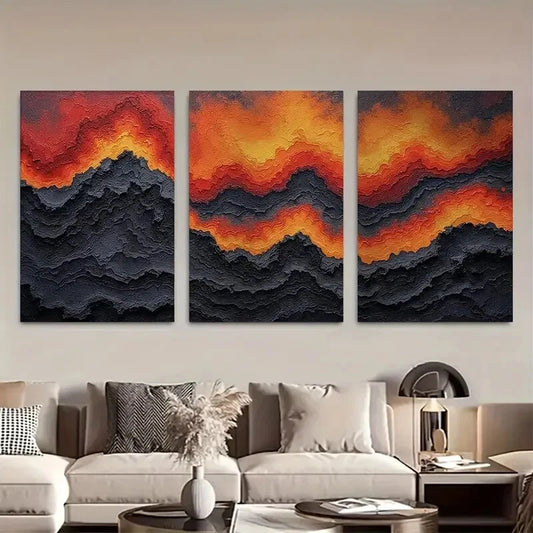 3pcs Abstract Geologic Flow in Red Black Yellow Metal Print Ready to Hang Art