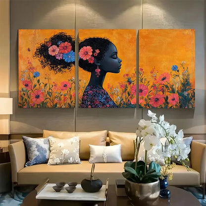 3pcs Vibrant Female Silhouette with Florals Metal Print Ready to Hang Art