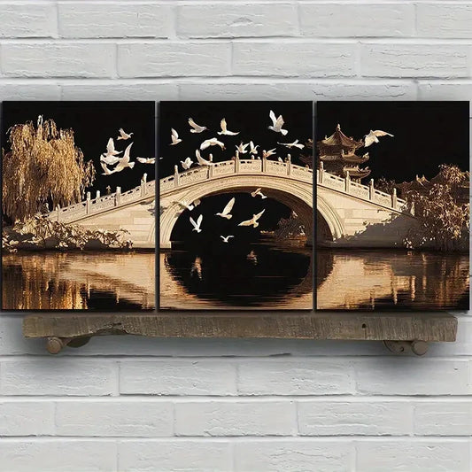3pcs Beautiful Arch Bridge Flying Birds Metal Print Ready to Hang Art