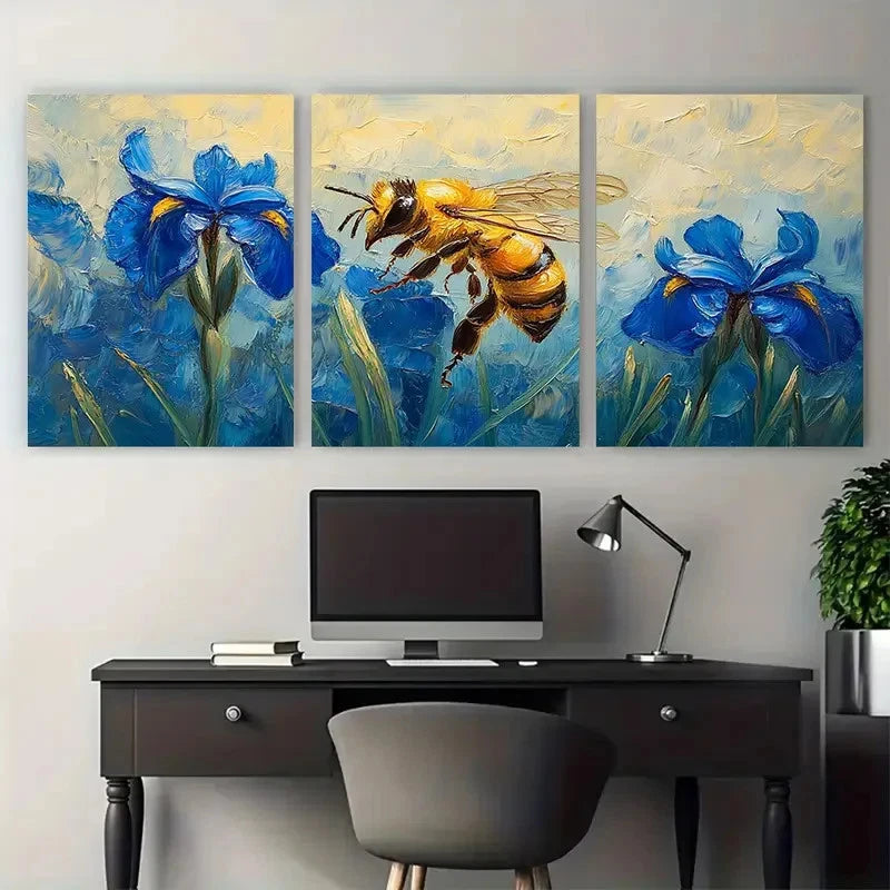 3pcs Iris Flowers Meadow with Honeybee Metal Print Ready to Hang Art