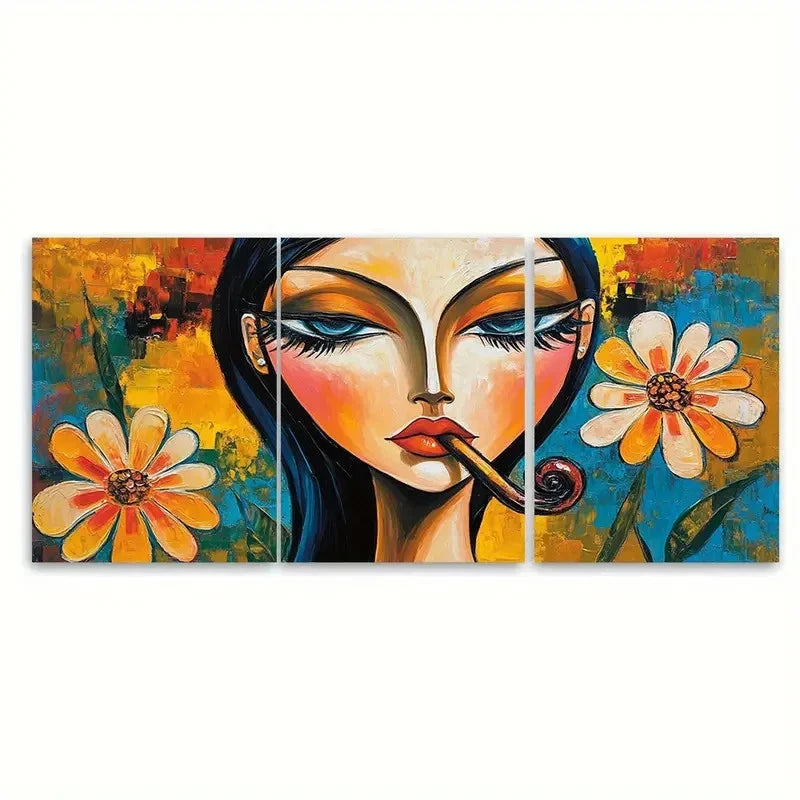 3pcs Abstract Woman Smoking Portrait with Floral Wall Art Set Canvas Framed 60x90cm - High Quality Print 100% Australian Made Wall Canvas Ready to Hang